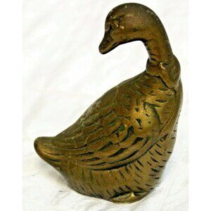 Brass Bird Goose Duck Bird Figurine Hollow 3.5" Sitting Facing Backwards Bow